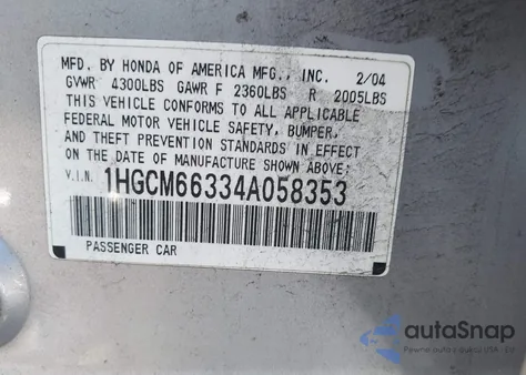 2004 Honda Accord 3.0 Lx from USA, damaged, VIN 1HGCM66334A058353